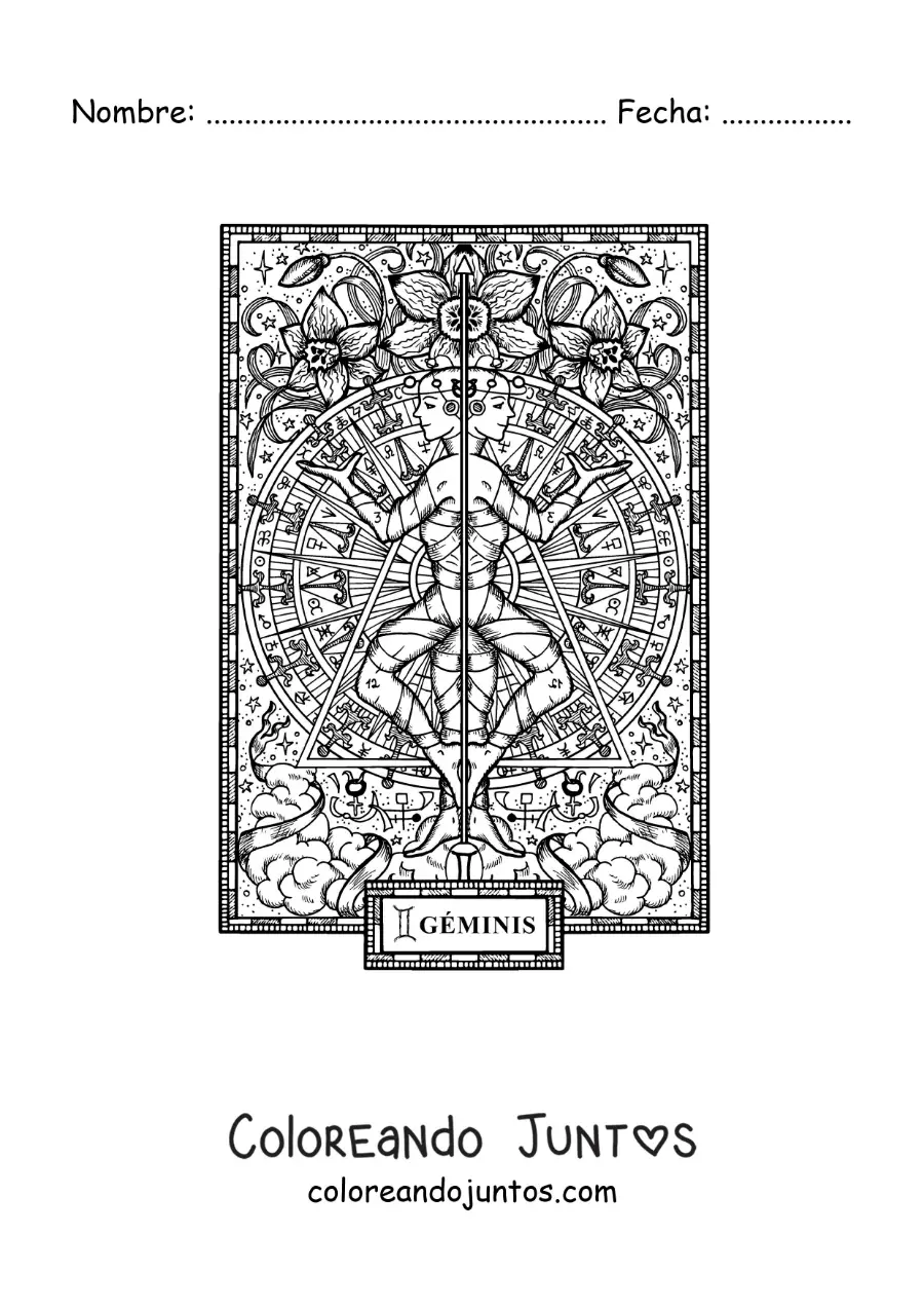Imagen para colorear de carta del signo zodiacal géminis