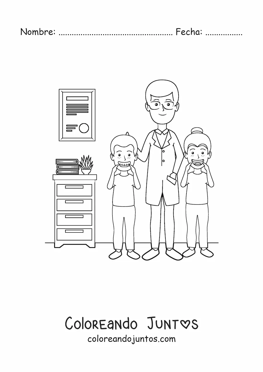 Imagen para colorear de un dentista infantil y dos niños