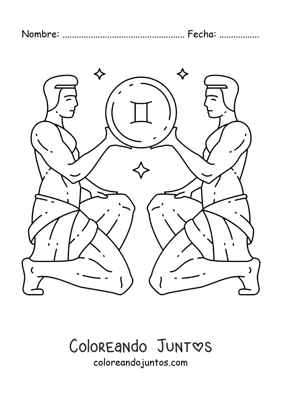 Imagen para colorear de los gemelos de géminis animados con su símbolo