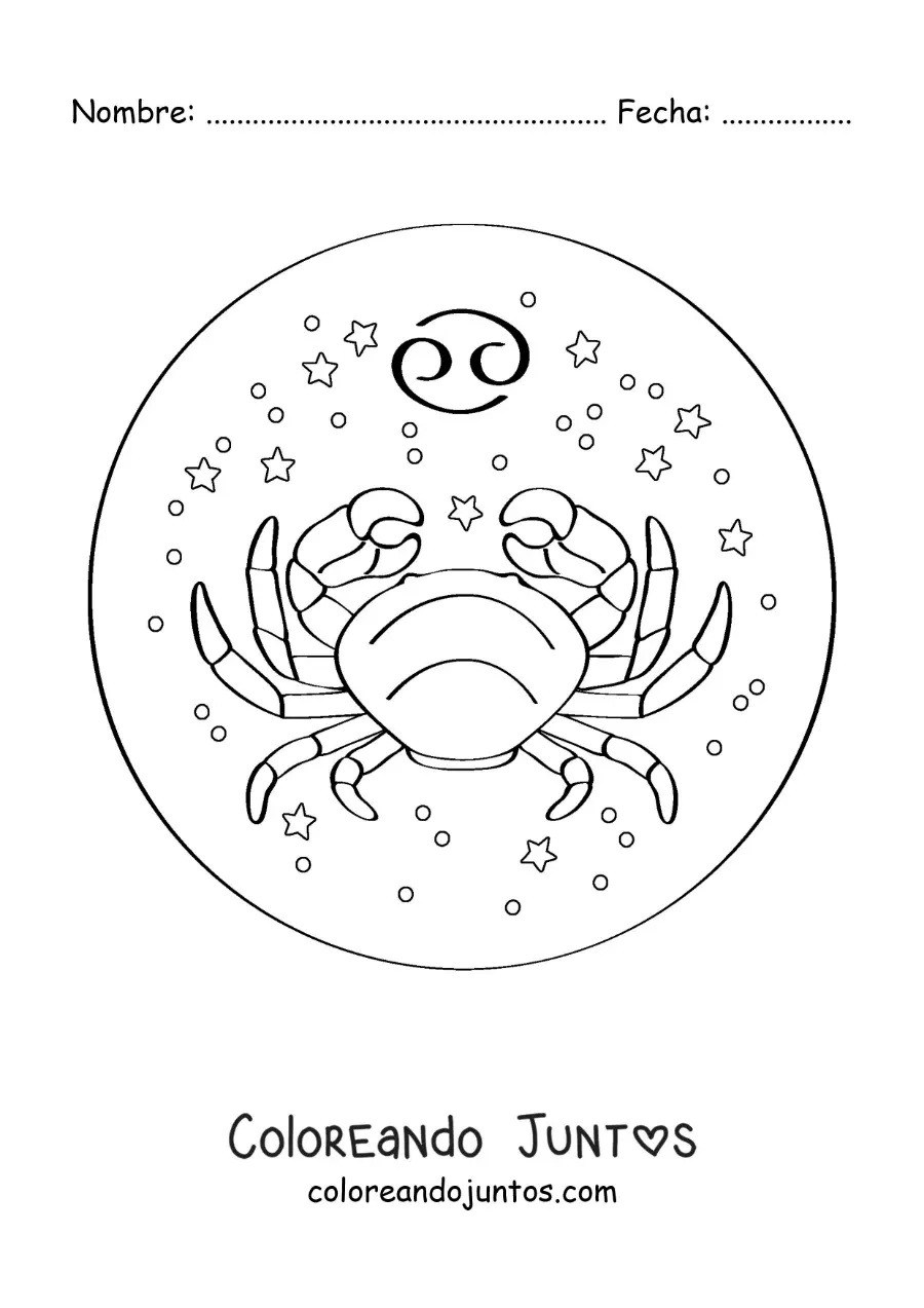 Imagen para colorear de cangrejo del signo zodiacal cáncer con su símbolo y estrellas