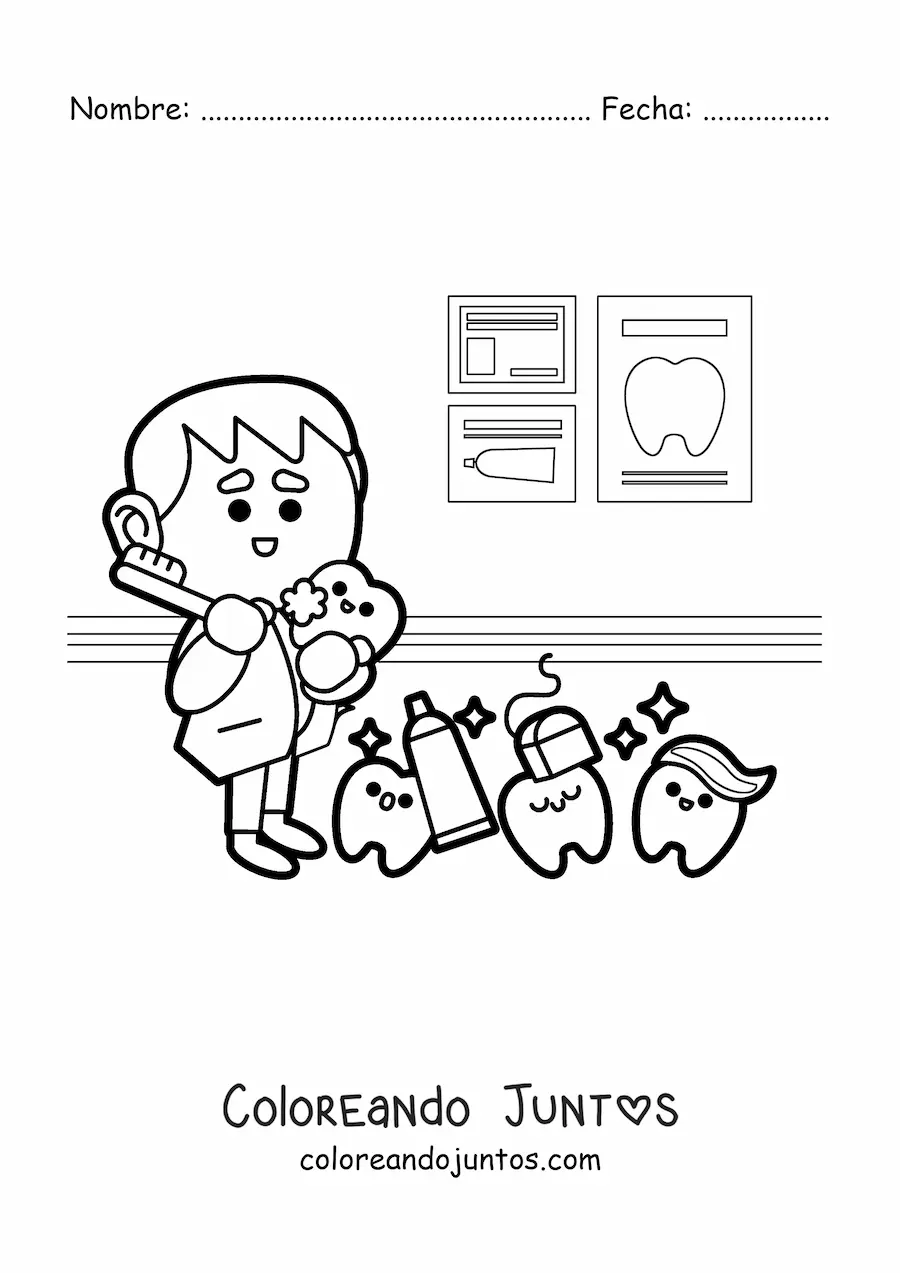 Imagen para colorear de un dentista junto a varios dientes animados