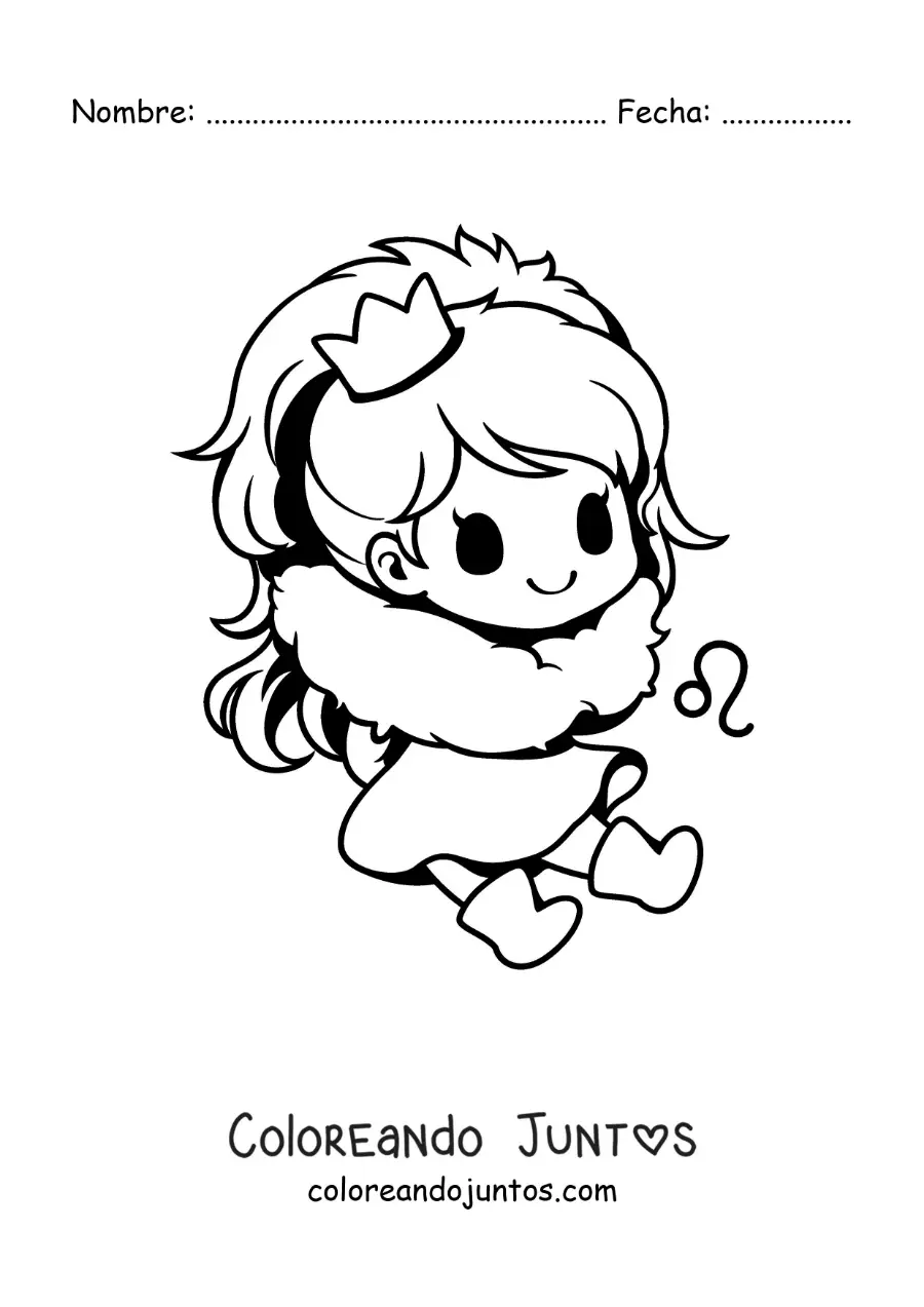 Imagen para colorear de chica del signo leo kawaii con su símbolo