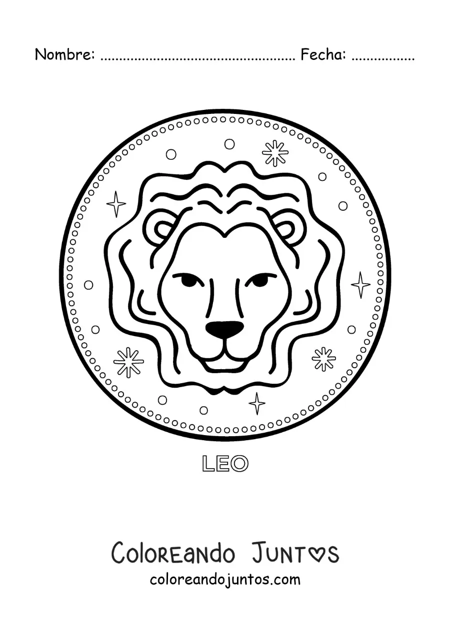 Imagen para colorear de león de leo animado con el nombre del signo y estrellas