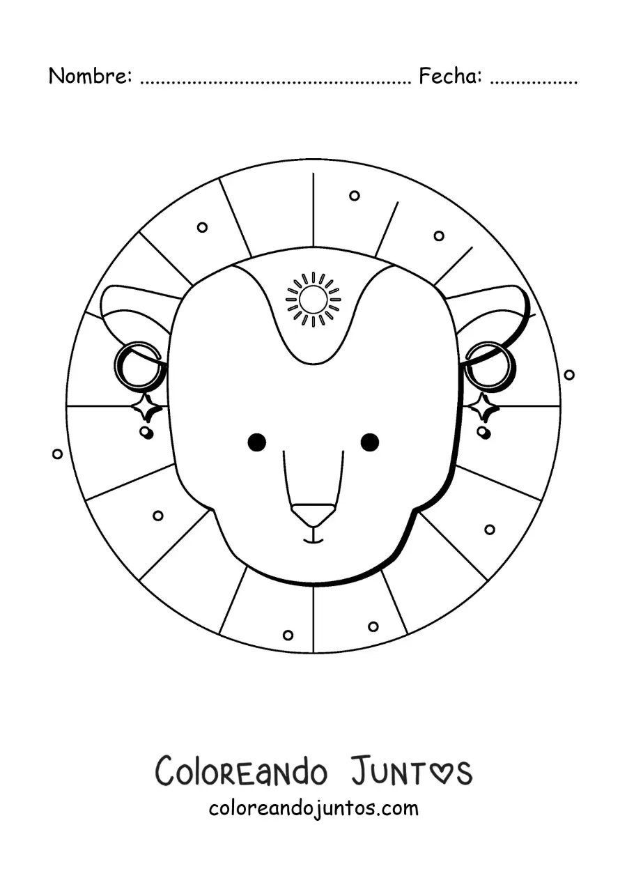 Imagen para colorear de cabeza del león del signo leo animado con un sol