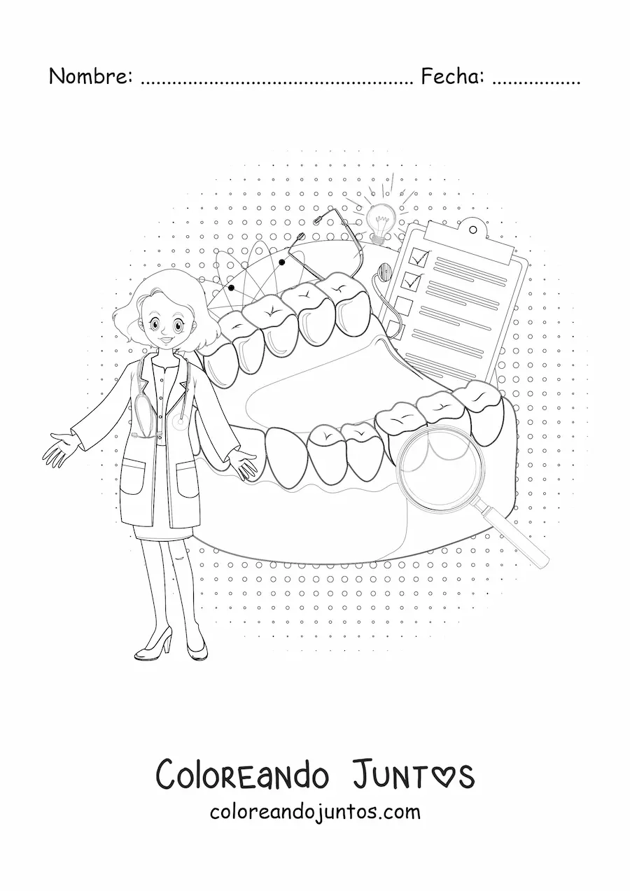 Imagen para colorear de una dentista junto a elementos de higiene bucal