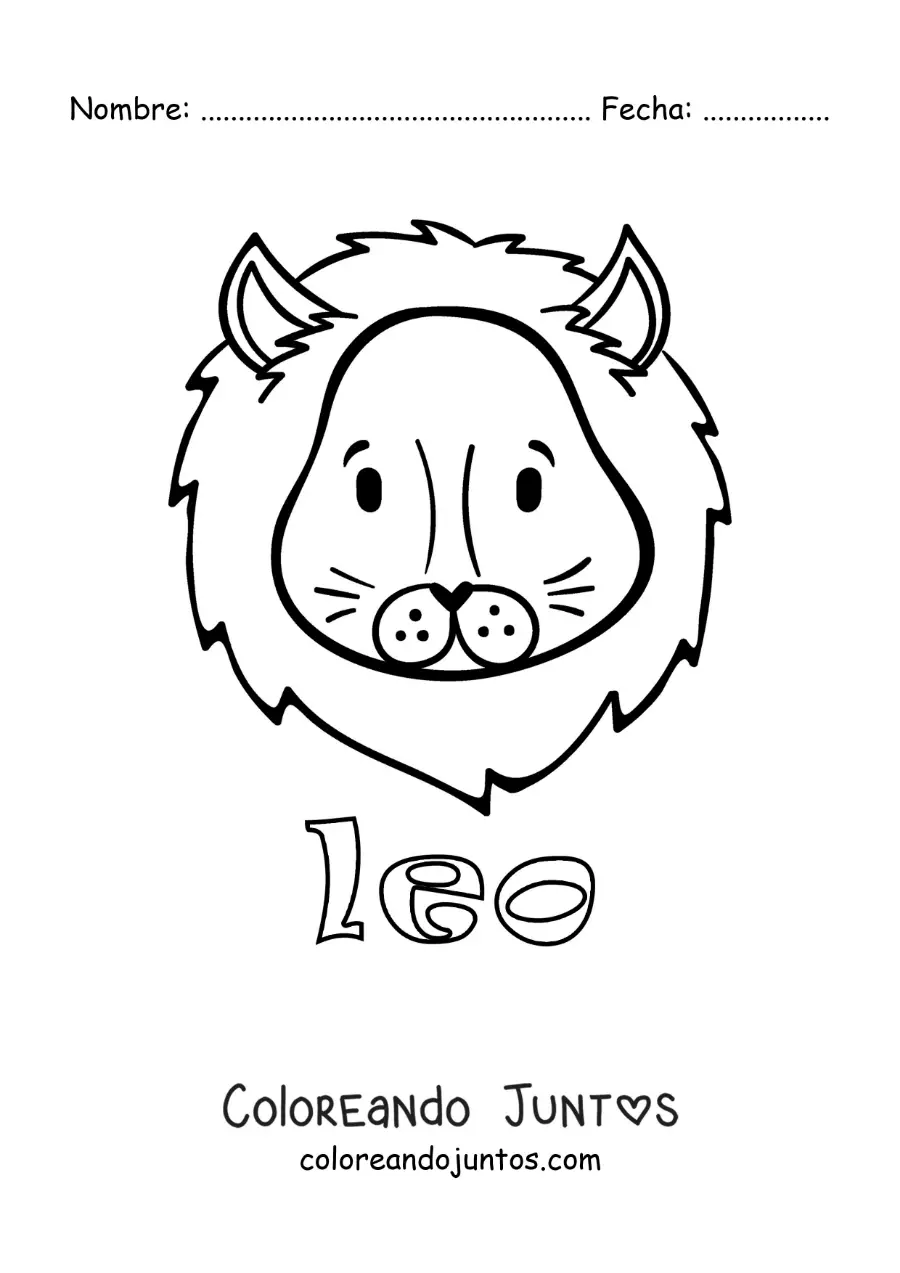 Imagen para colorear del león de leo animado con el nombre del signo