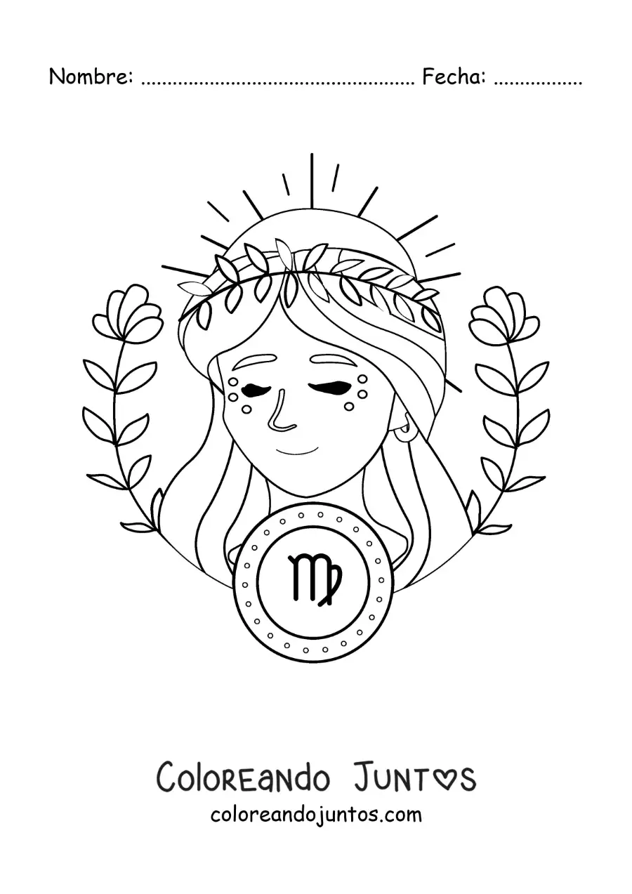 Imagen para colorear de hermosa mujer del signo virgo animada con su símbolo y flores