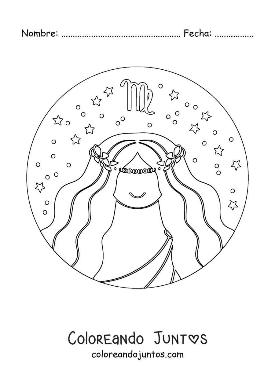 Imagen para colorear de mujer del signo virgo animada con estrellas