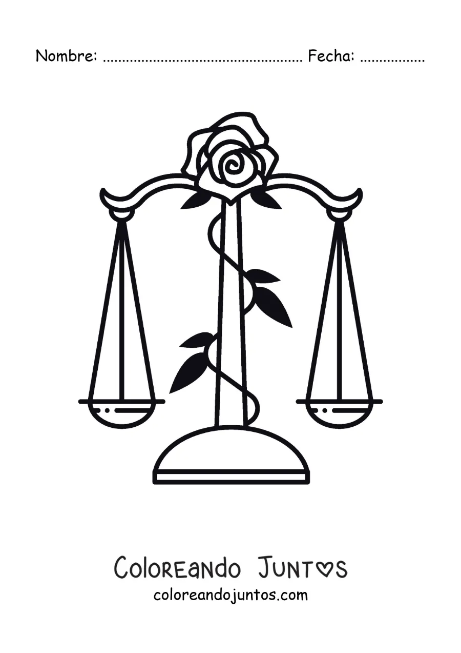 Imagen para colorear de balanza del signo Libra con una rosa
