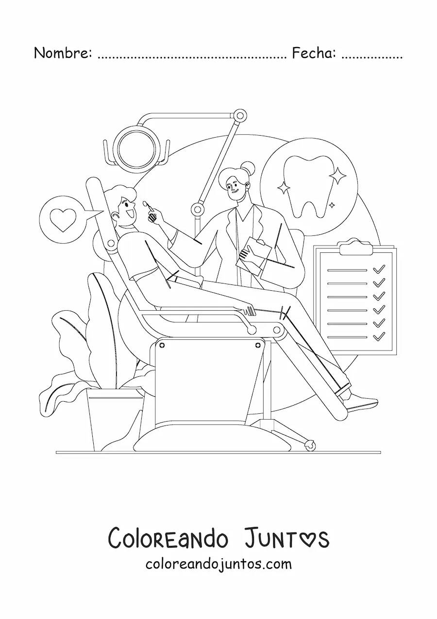 Imagen para colorear de una dentista y un paciente en el consultorio dental