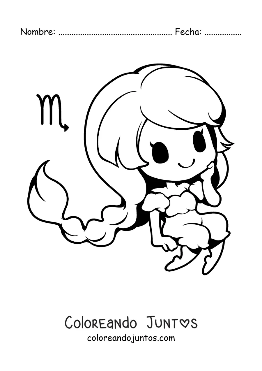 Imagen para colorear de niña kawaii animada del signo Escorpio