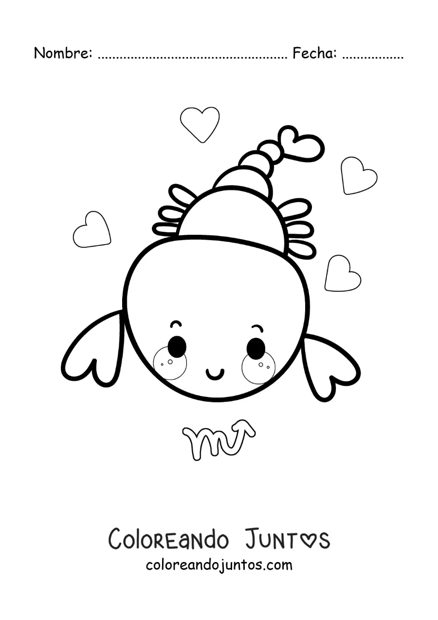 Imagen para colorear de escorpión animada kawaii de Escorpio con su símbolo