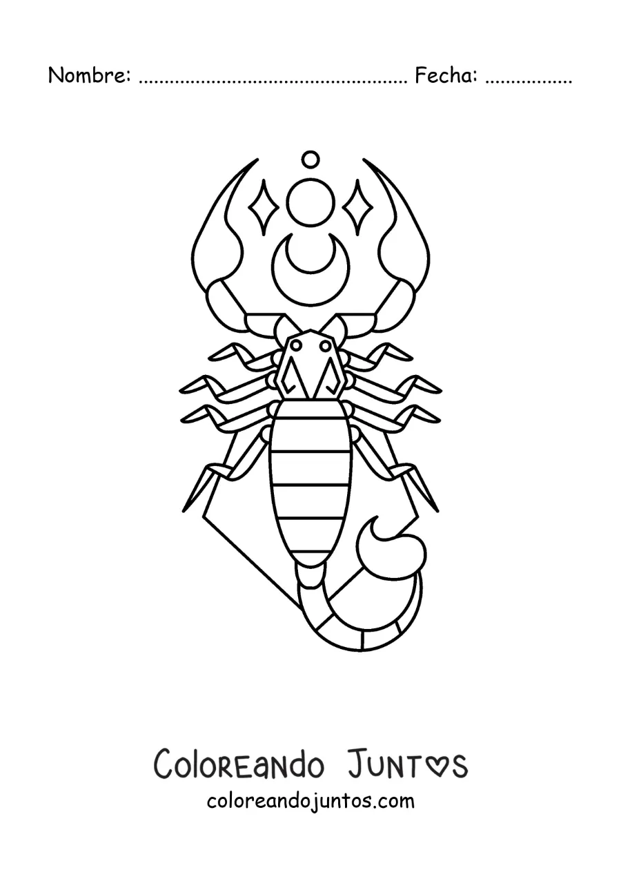 Imagen para colorear de escorpión del signo zodiacal Escorpio con una luna