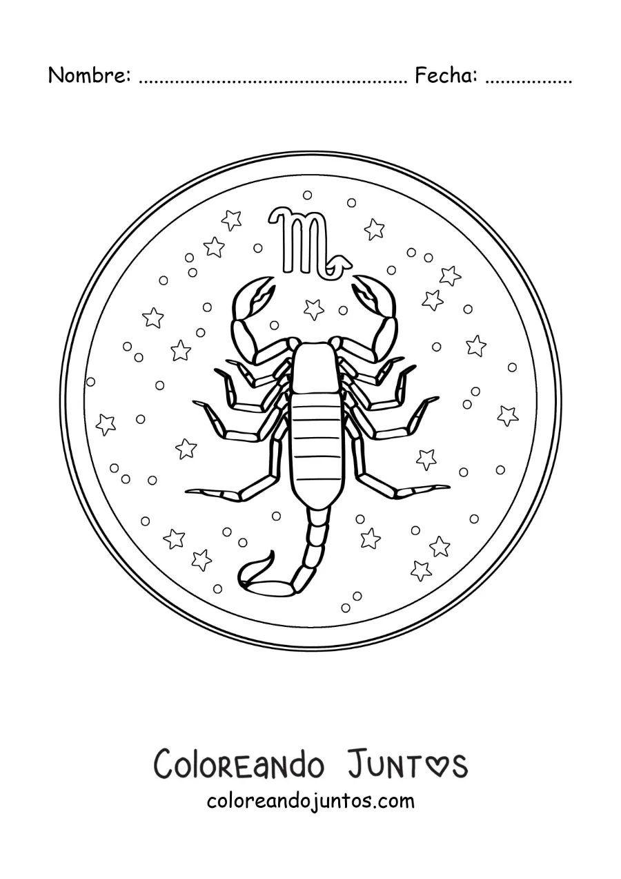Imagen para colorear del signo zodiacal Escorpio con su símbolo y estrellas