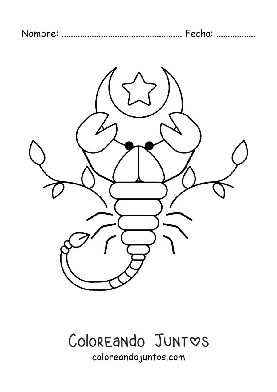 Imagen para colorear del signo de Escorpio animado con una luna y hojas
