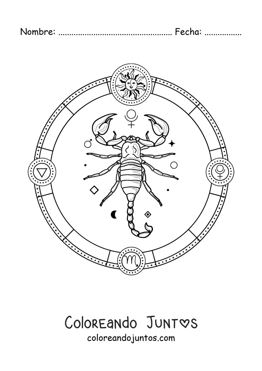 Imagen para colorear del signo astrológico de Escorpio con sus símbolos