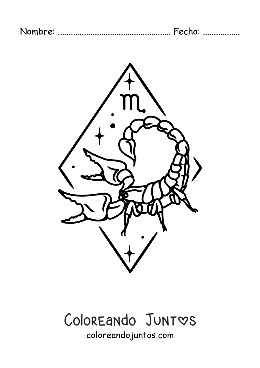 Imagen para colorear de escorpión animado con el símbolo de Escorpio