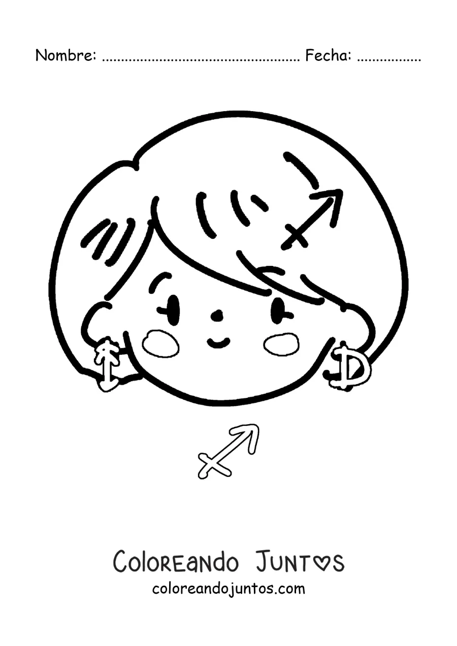 Imagen para colorear de niña kawaii animada del signo Sagitario