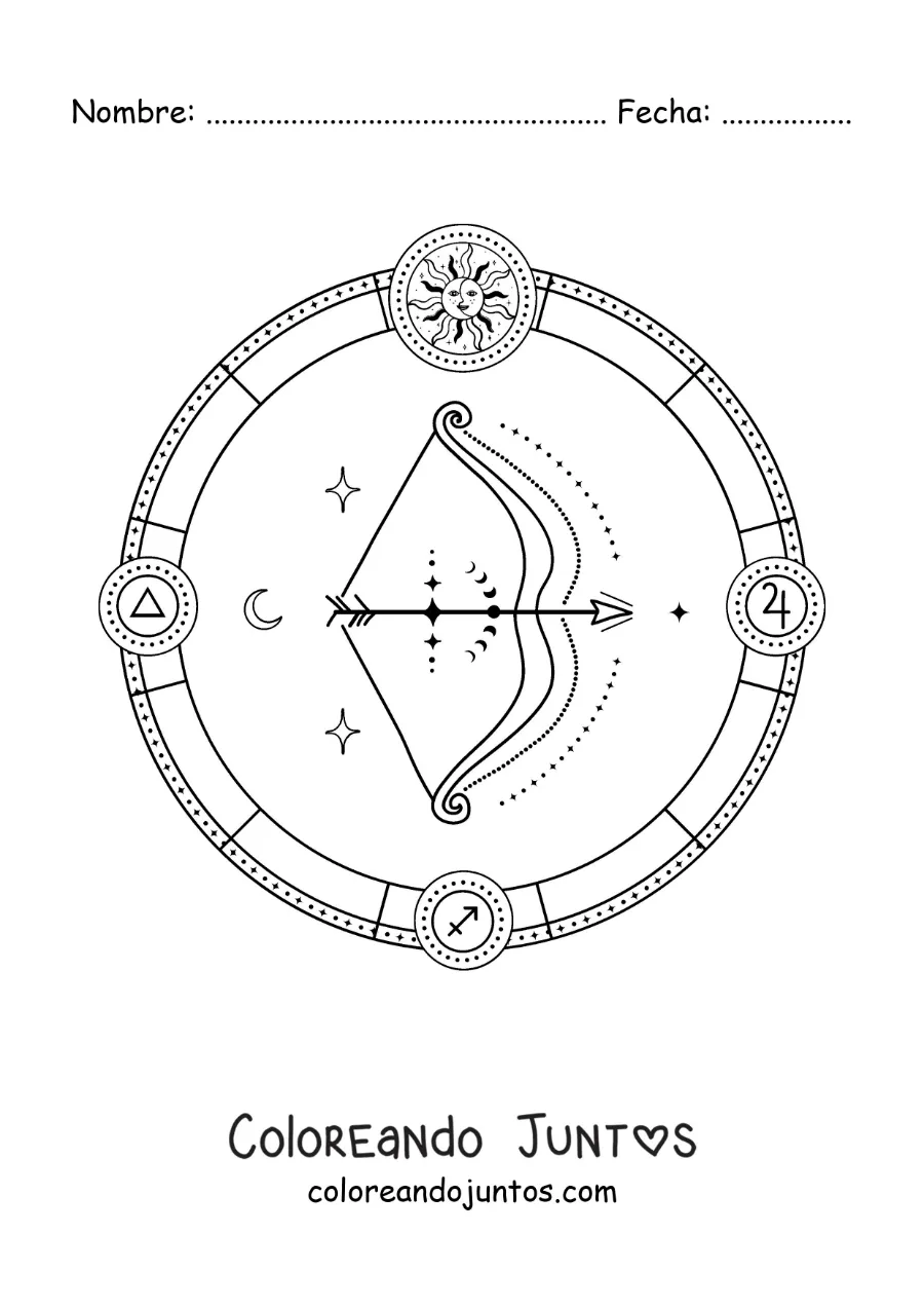 Imagen para colorear de símbolos del signo zodiacal Sagitario