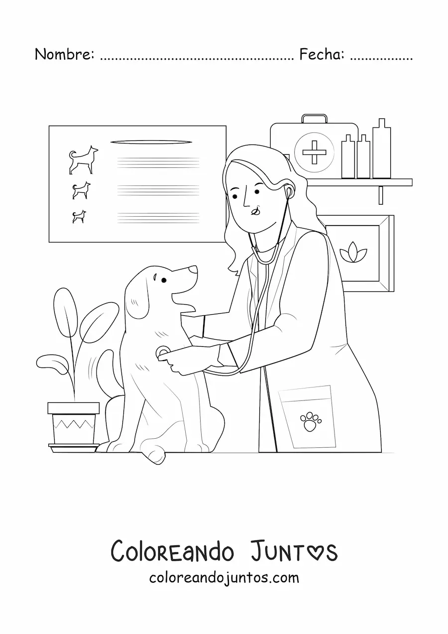 Imagen para colorear de una veterinaria examinando a un perro