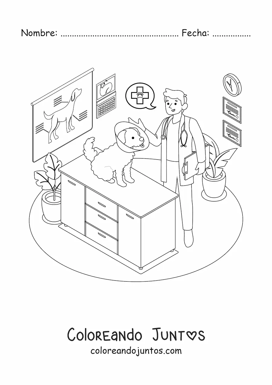 Imagen para colorear de un perro y un veterinario en la clínica