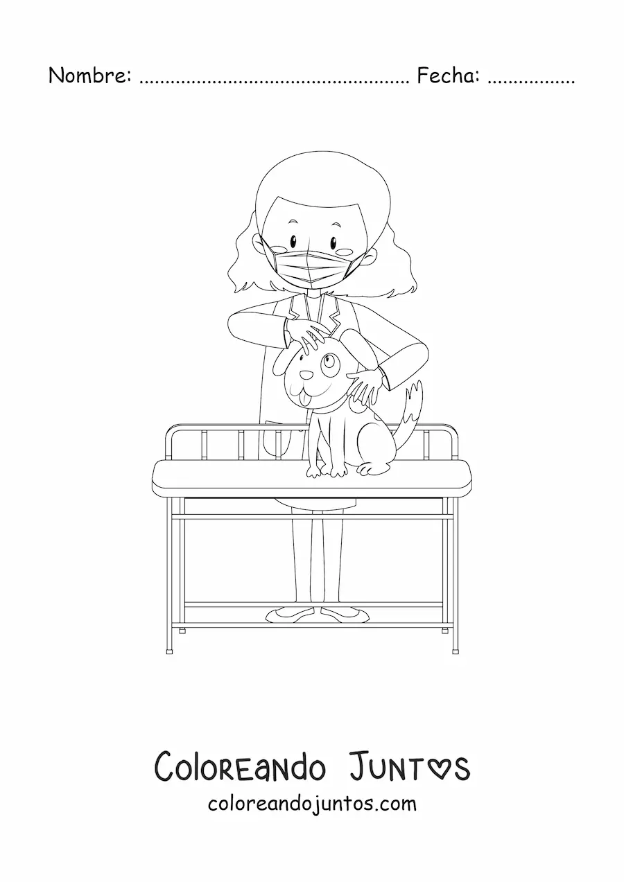 Imagen para colorear de una veterinaria con mascarilla revisando un perro