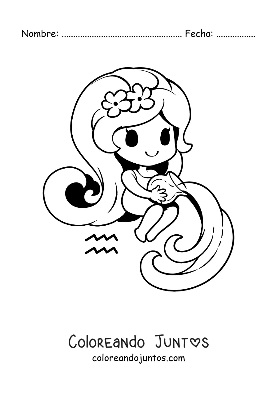 Imagen para colorear de niña kawaii animada del signo Acuario