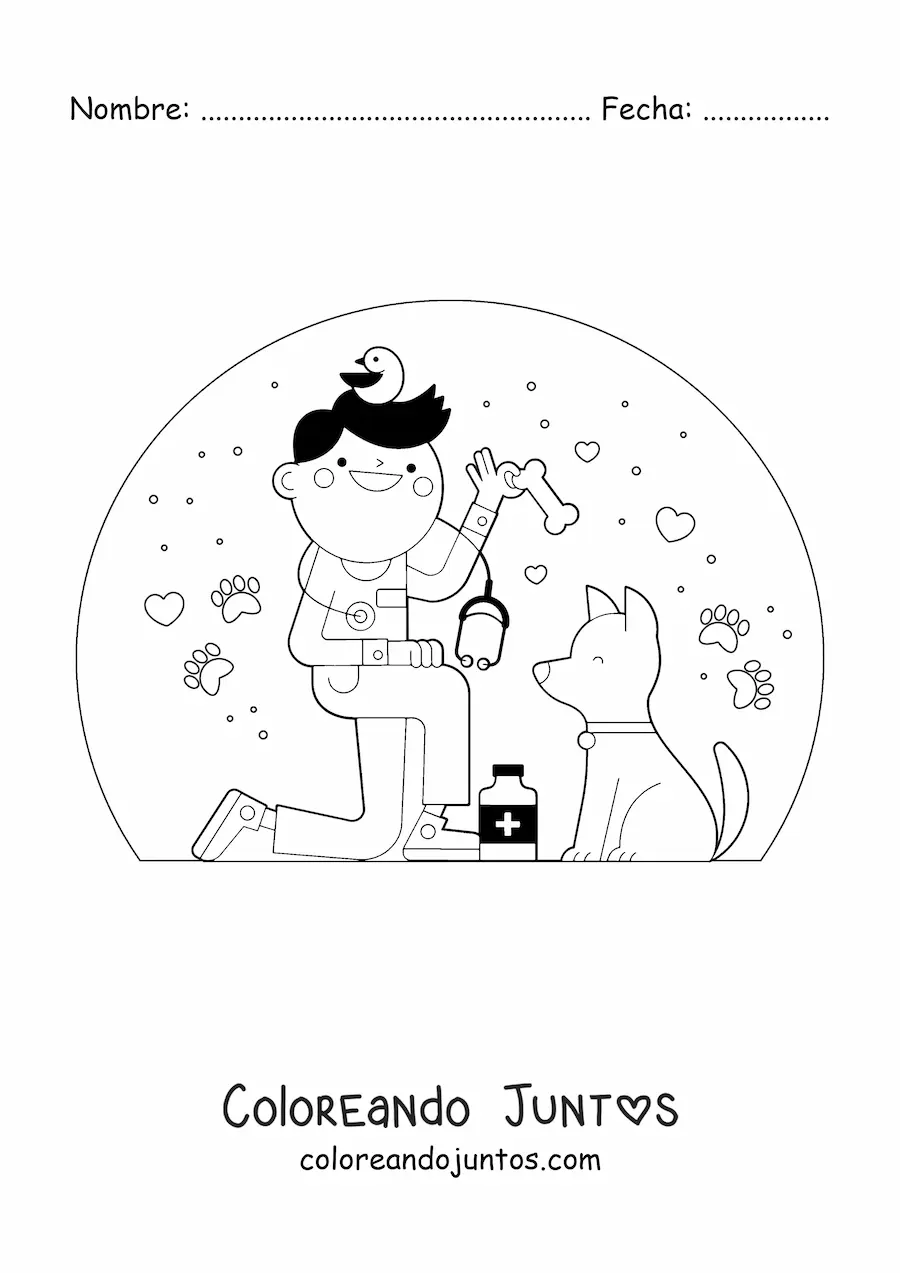 Imagen para colorear de un veterinario animado junto a un perro