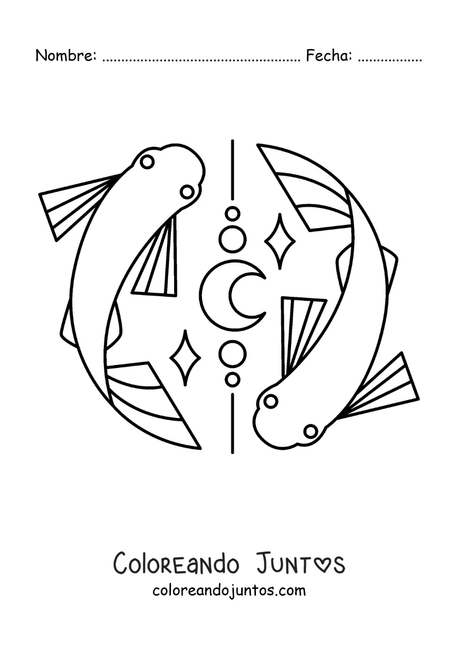 Imagen para colorear de los peces del signo Piscis animados con una luna