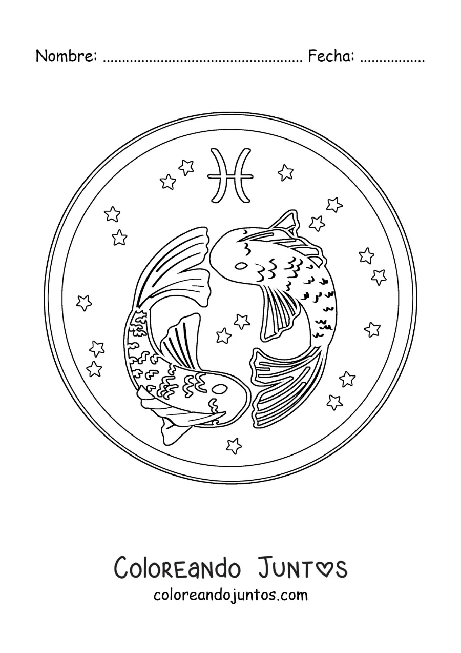 Imagen para colorear de los peces de Piscis animados con estrellas y su símbolo