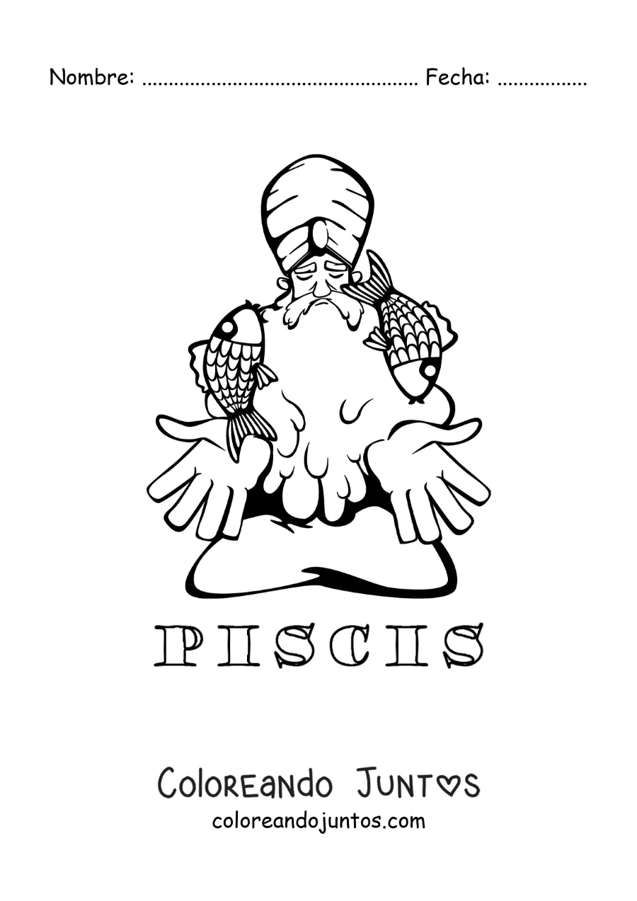 Imagen para colorear de caricatura para niños de un mago del signo Piscis con su nombre