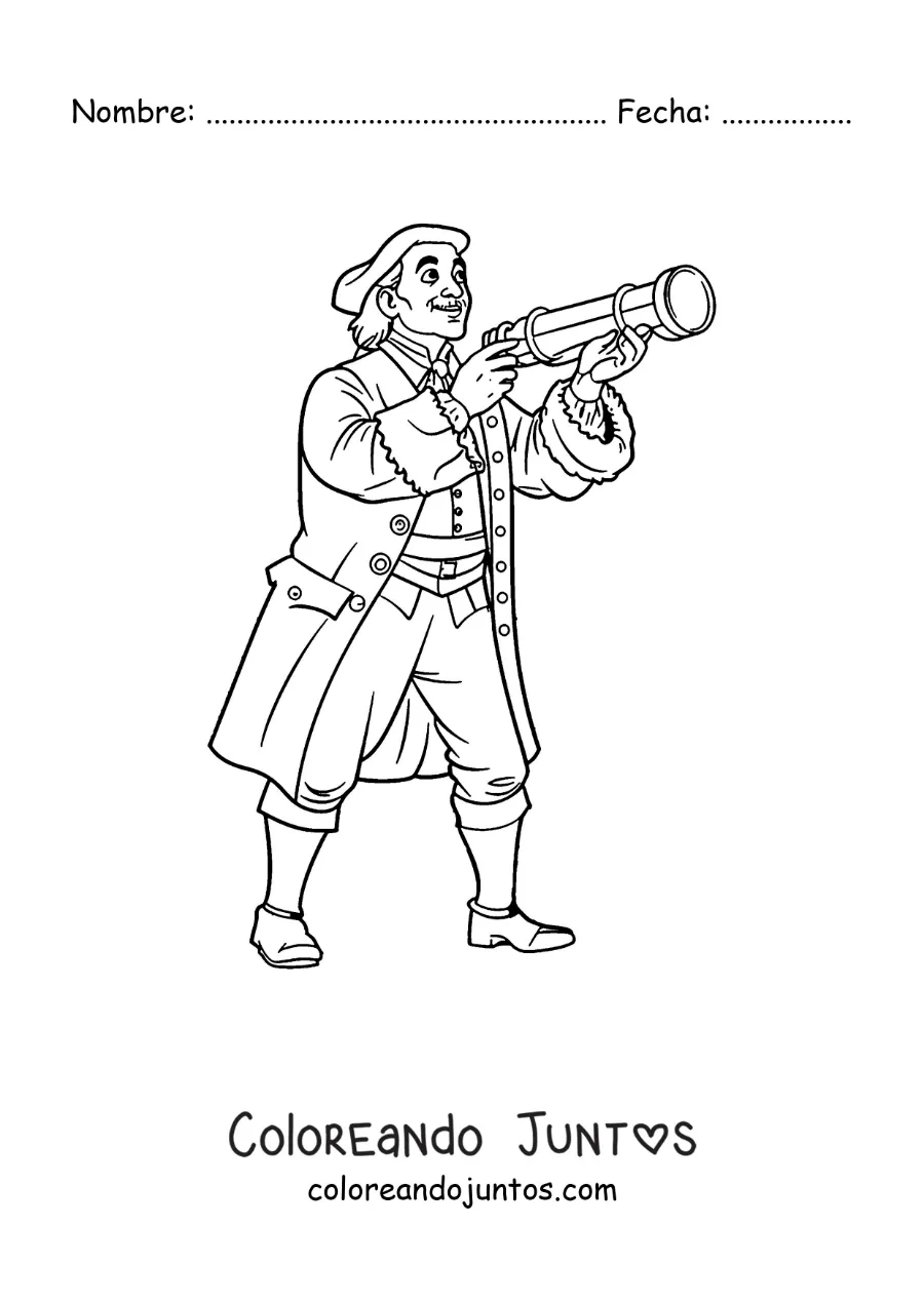 Imagen para colorear de Cristóbal Colón con un catalejo en caricatura