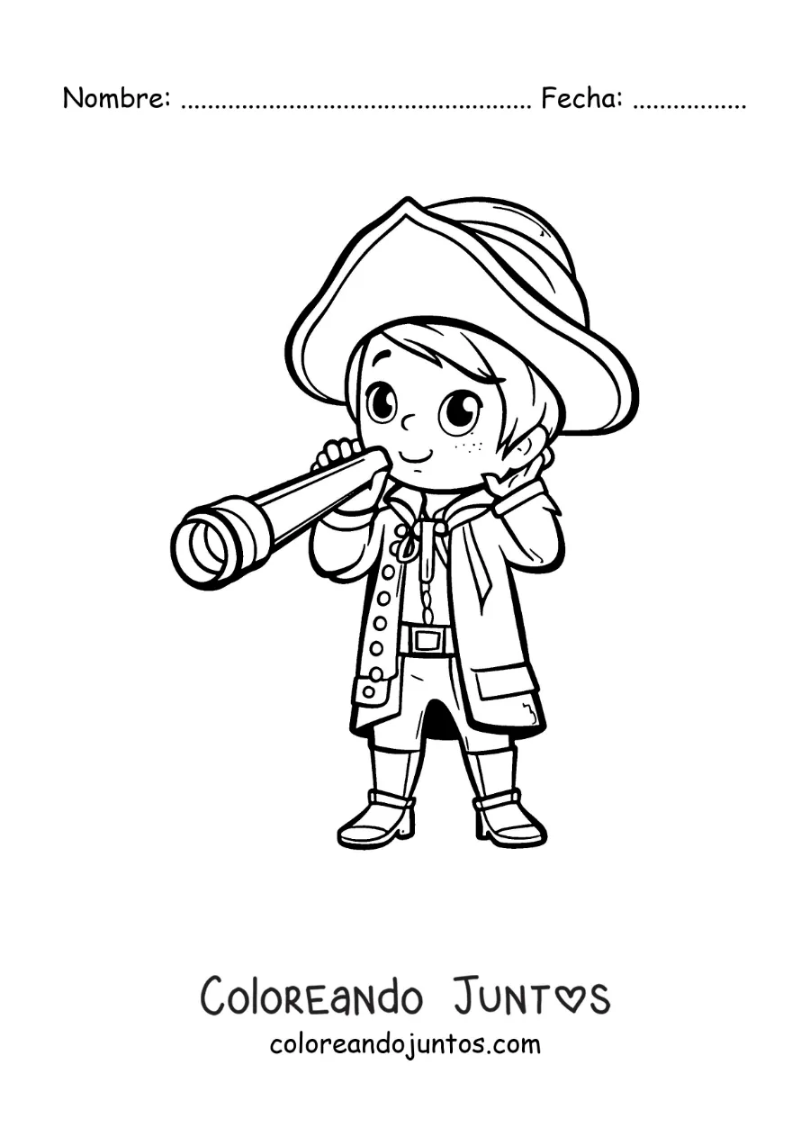 Imagen para colorear de Cristóbal Colón kawaii con un catalejo