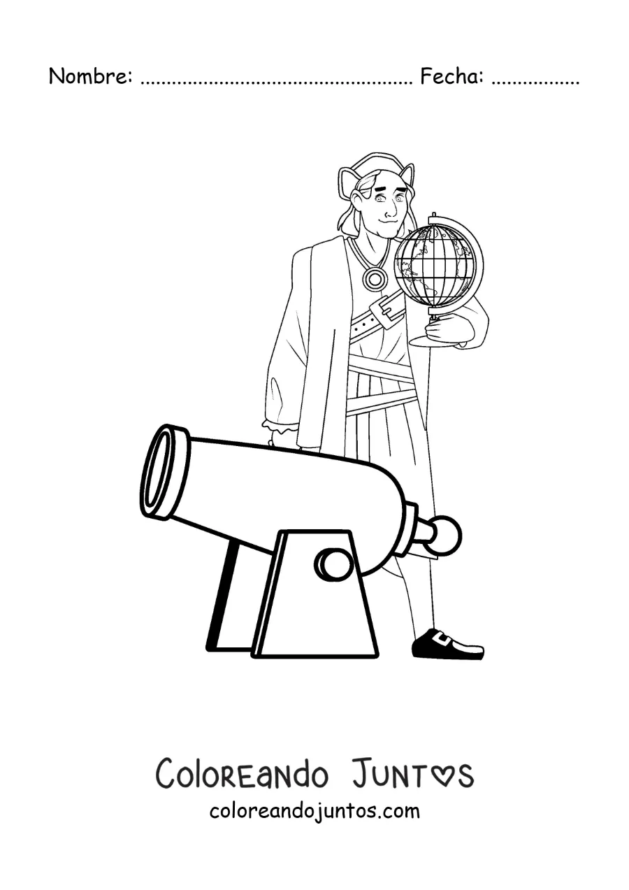 Imagen para colorear de Cristóbal Colón animado con un cañón y un globo terráqueo