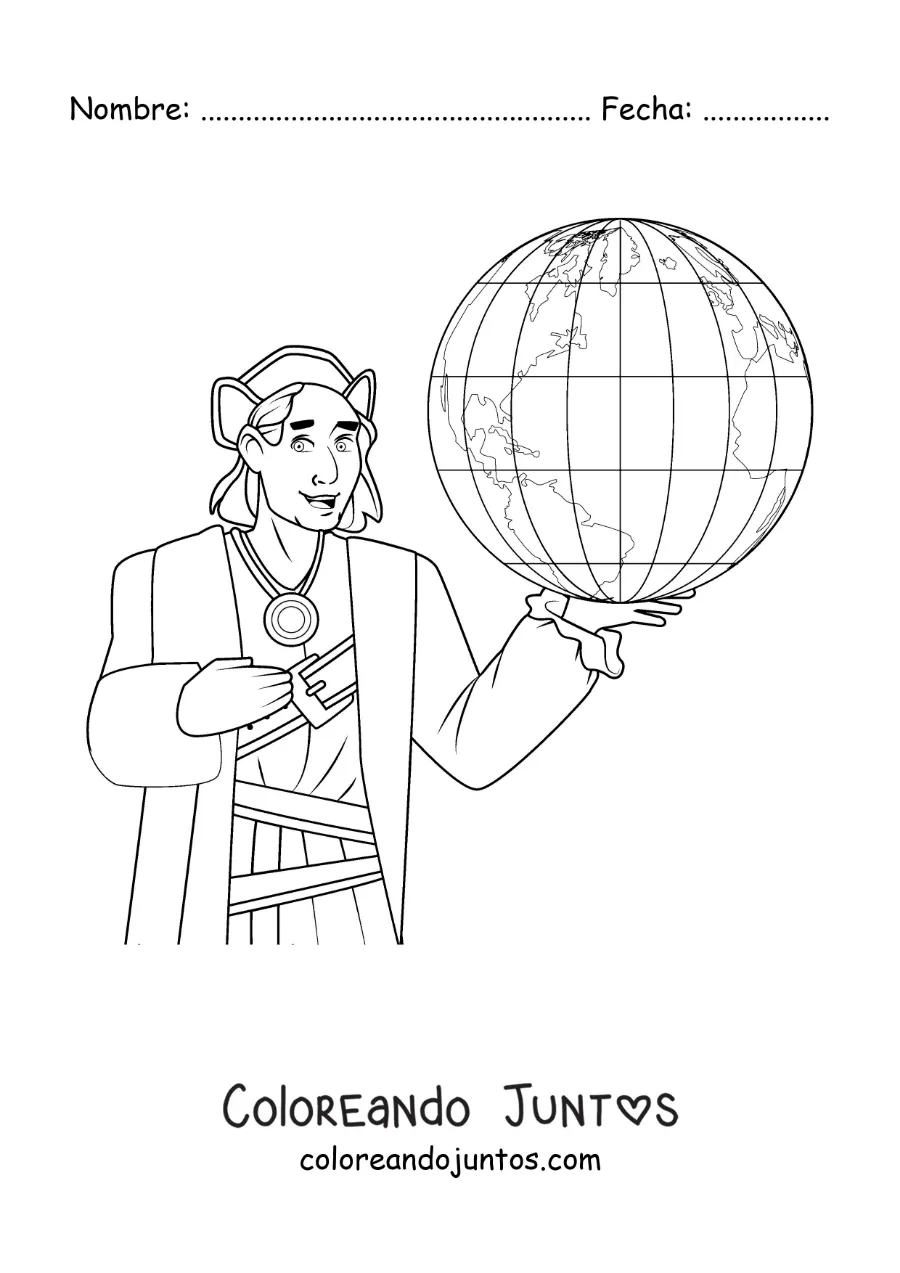 Imagen para colorear de Cristóbal Colón animado con un globo terráqueo