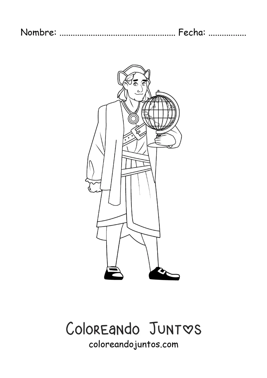 Imagen para colorear de Cristóbal Colón en caricatura con un globo terráqueo