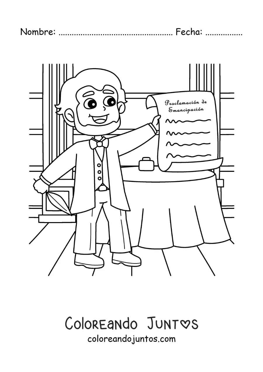 Imagen para colorear de Abraham Lincoln animado con la proclamación de emancipación