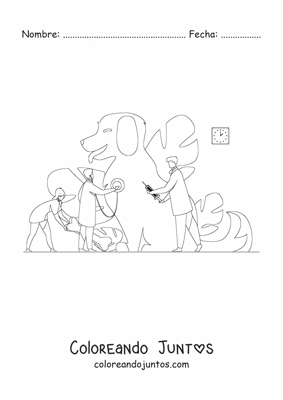 Imagen para colorear de varios veterinarios curando a un perro gigante