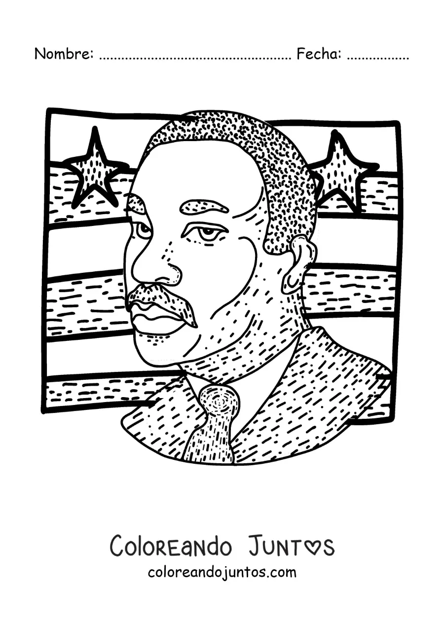 Imagen para colorear de caricatura de Martin Luther King con la bandera de estados unidos