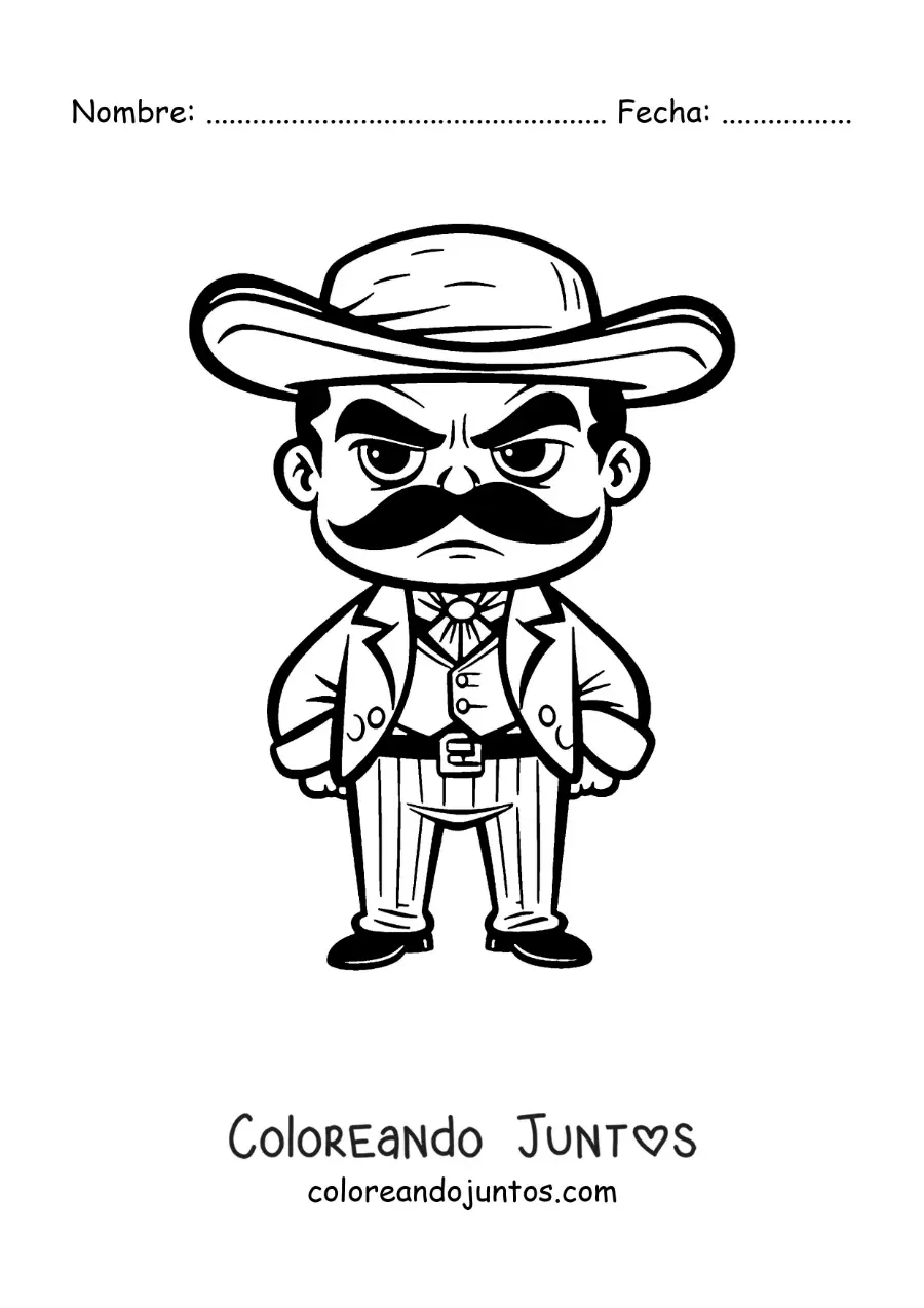 Imagen para colorear de una caricatura infantil del mexicano Emiliano Zapata
