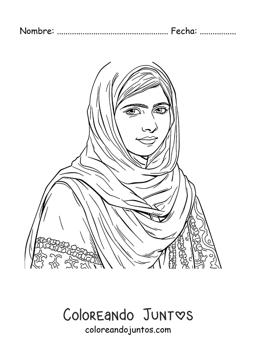 Imagen para colorear de un retrato realista de Malala Yousafzai