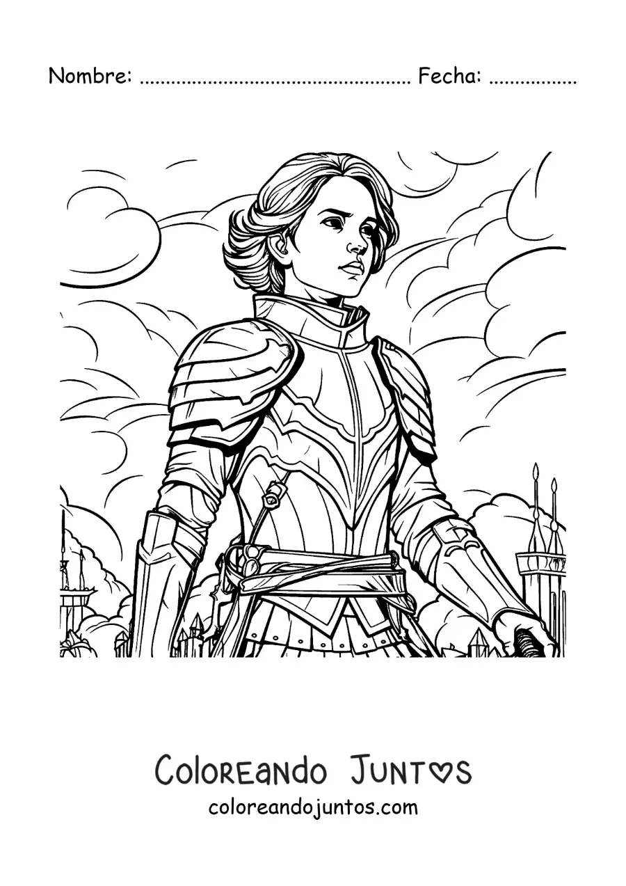 Imagen para colorear de Juana de Arco animada estilo comic en una batalla
