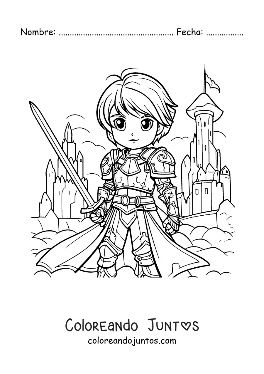 Imagen para colorear de Juana de Arco animada estilo anime en una batalla