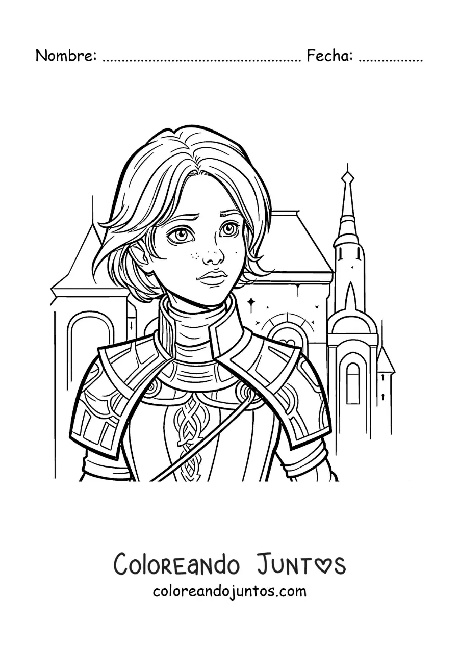 Imagen para colorear de Juana de Arco animada estilo comic en una batalla