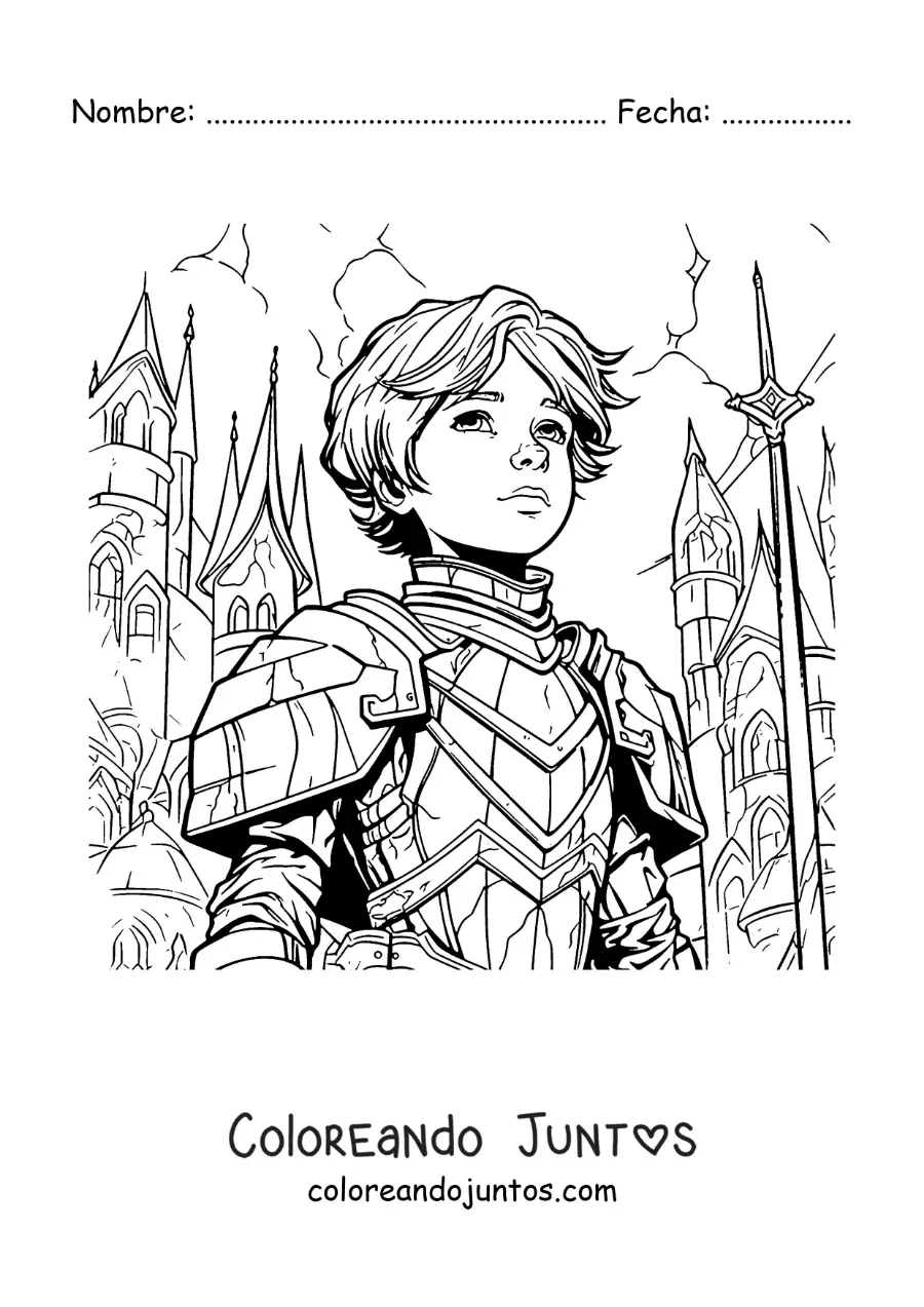 Imagen para colorear de Santa Juana de Arco animada estilo comic en una batalla