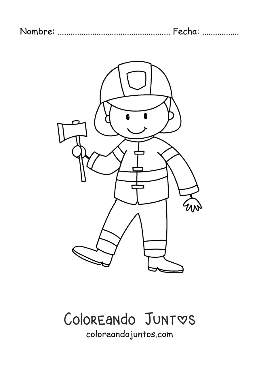 Imagen para colorear de un bombero animado sujetando un hacha