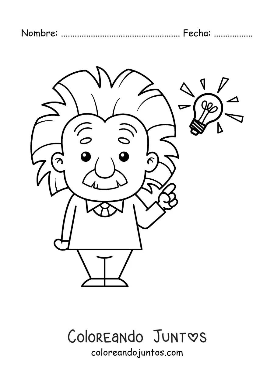 Imagen para colorear de Albert Einstein animado fácil con un bombillo