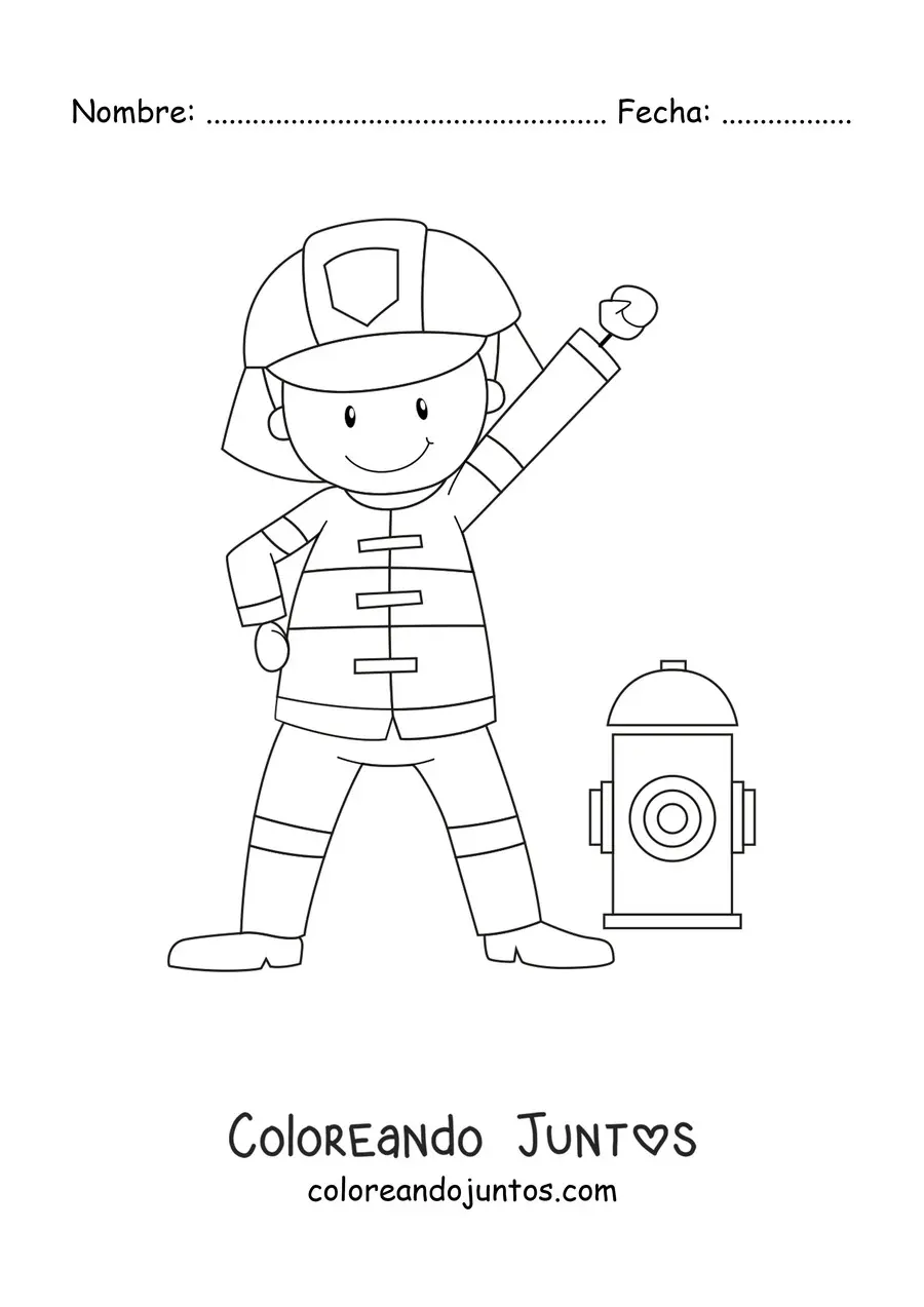 Imagen para colorear de un bombero animado sonriente junto a un hidrante