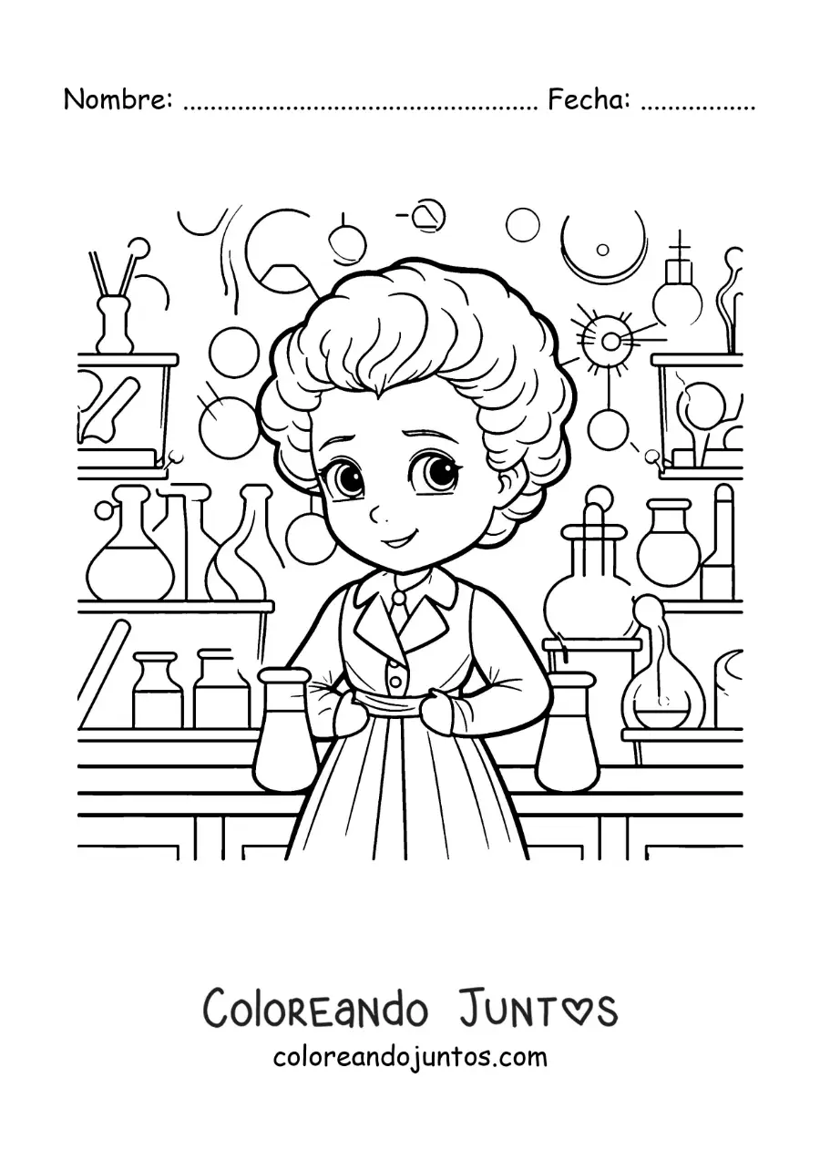 Imagen para colorear de Marie Curie animada en su laboratorio para niños