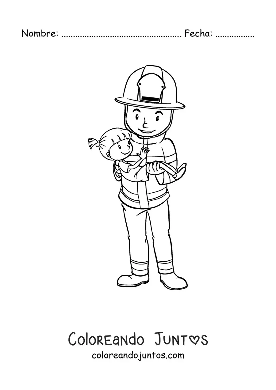 Imagen para colorear de un bombero rescatando a una niña